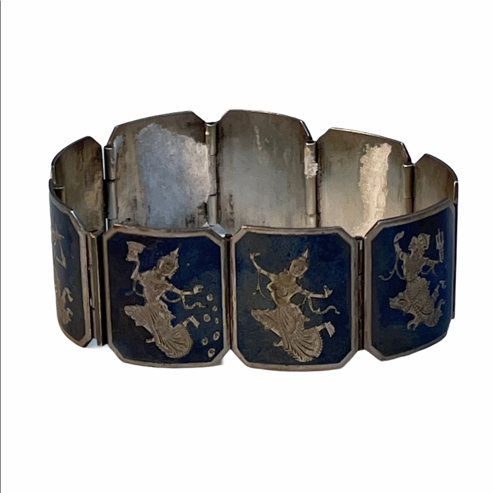 Vintage Siam sterling Black enamel Goddess bracelet